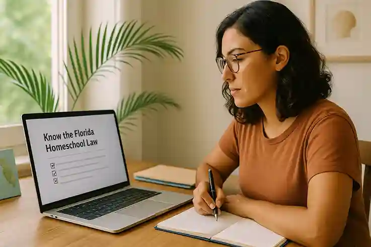 A parent reviewing Florida homeschooling laws on a laptop at a bright home desk with documents, notebooks, and subtle tropical décor.