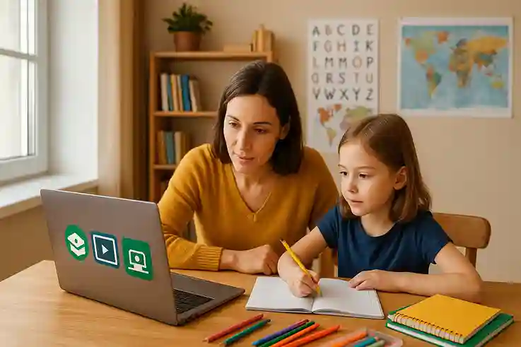 Parent and child exploring free online Homeschooling Resources together at home.