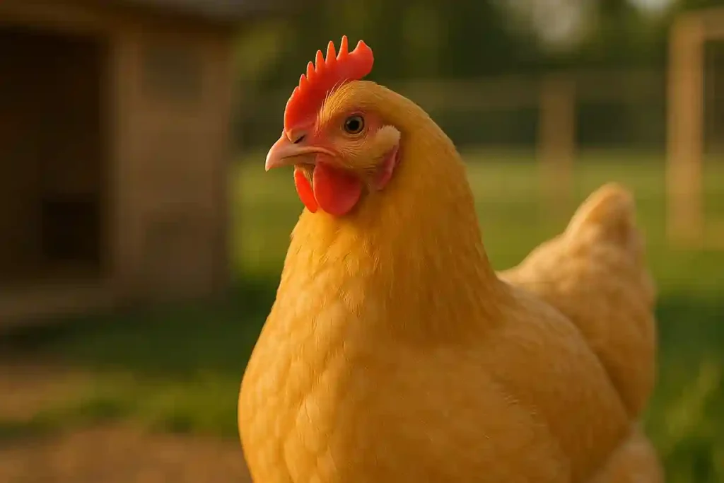 Close-up of a Buff Orpington chicken showing golden plumage, gentle temperament, and calm farmyard setting.