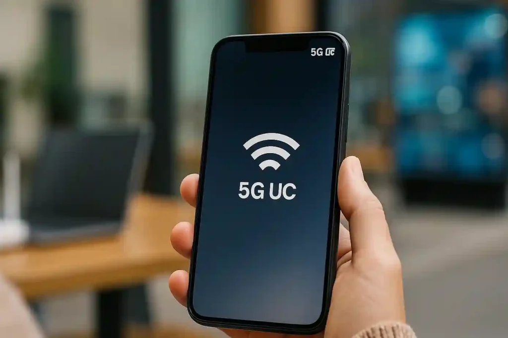 Smartphone showing 5G UC signal icon symbolizing faster and stronger mobile network connectivity