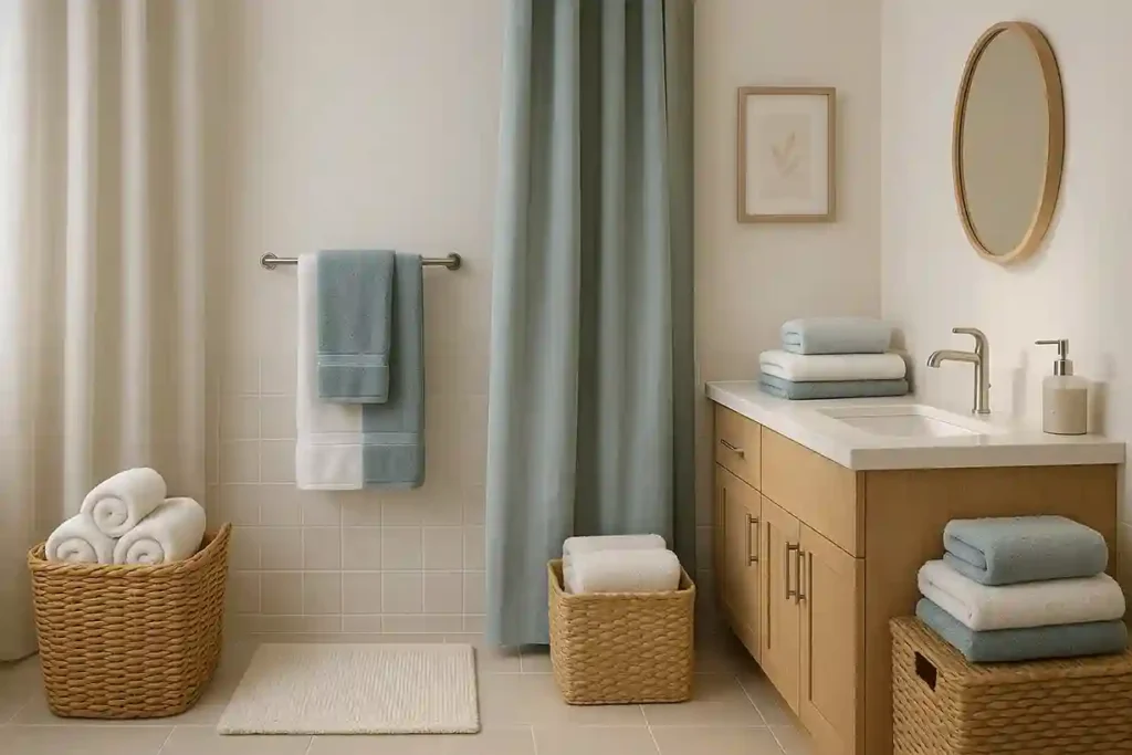 Bathroom with plush towels, fabric shower curtain, textured mats, and layered neutral textiles accented by a soft signature color.