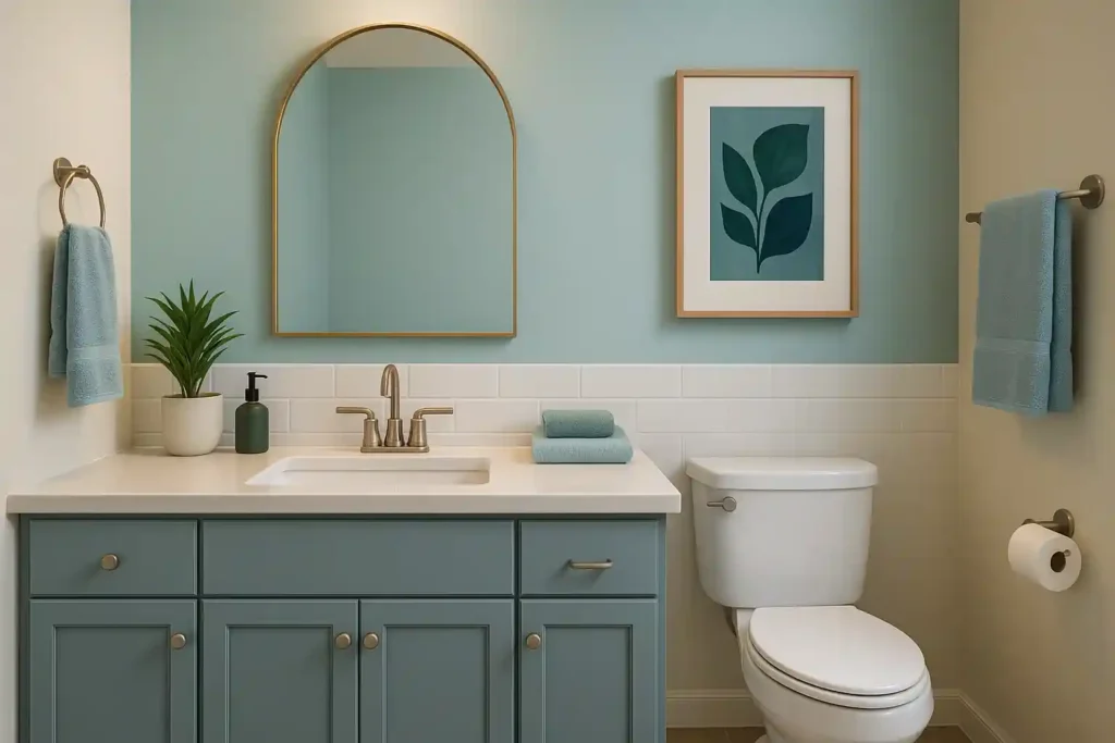 Bathroom with soft blues, greens, neutrals, and bold accents, featuring coordinated towels, wall art, and color-matching décor.