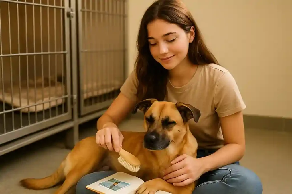 Teen volunteering at an animal shelter, caring for a dog as part of Summer Bucket List Ideas for Teens.