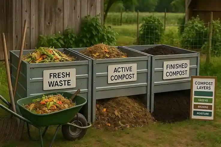 Organized farm composting area with labeled bins for waste, active compost, and finished compost, showing sustainable waste management.