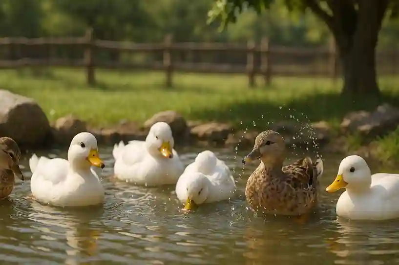 Call Ducks enjoying water and bathing in a shallow pond with clean water, natural light, and a safe farm environment.