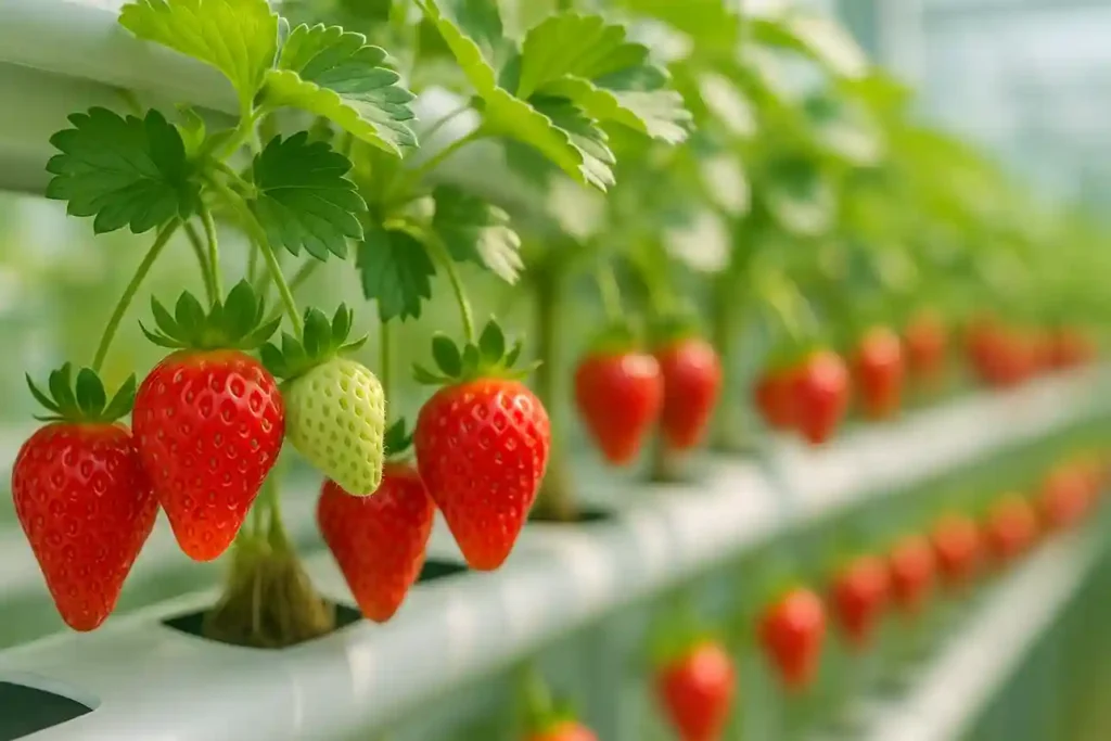 Close-up of hydroponic strawberries growing in nutrient-rich water without soil.