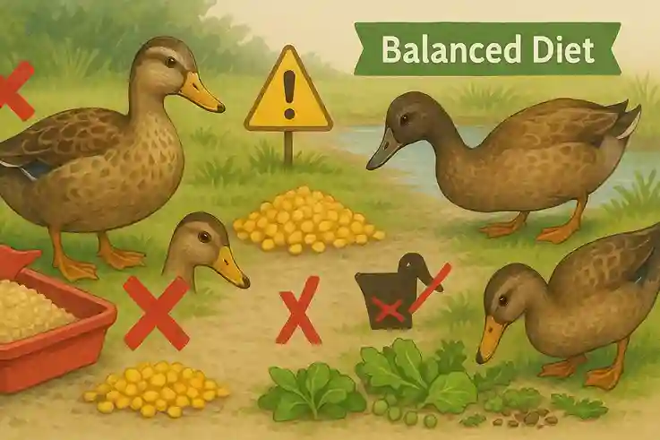What do ducks eat? Illustration showing the dangers of overfeeding or feeding only one type of food to ducks.