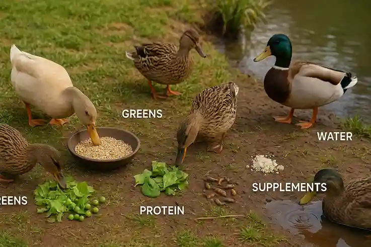 What do ducks eat for a balanced diet? Ducks enjoying grains, greens, insects, supplements, and clean water in a healthy feeding setup.