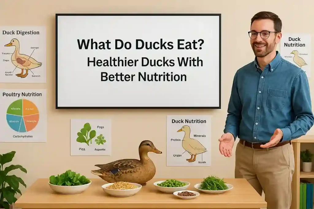 Classroom lesson showing duck nutrition with charts and food samples on a table.