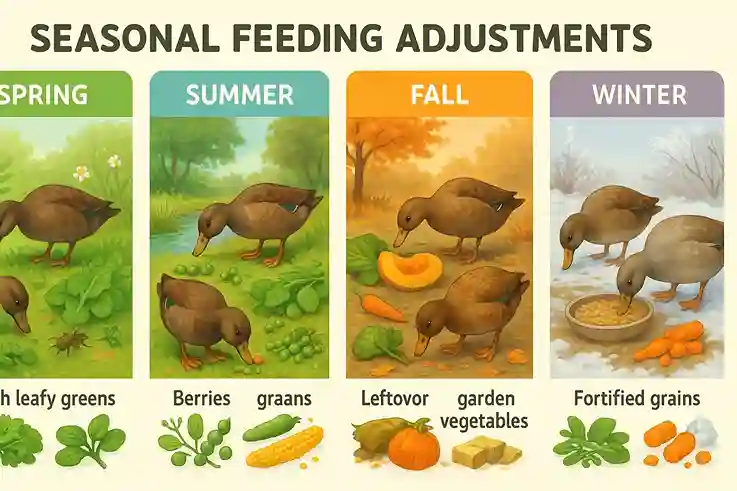 What do ducks eat during different seasons? Ducks eating greens, grains, berries, and vegetables in spring, summer, fall, and winter.