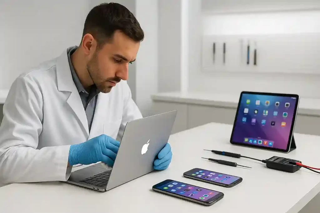 Apple technician inspecting a MacBook in a clean lab, representing the Apple Refurbished testing and restoration process.