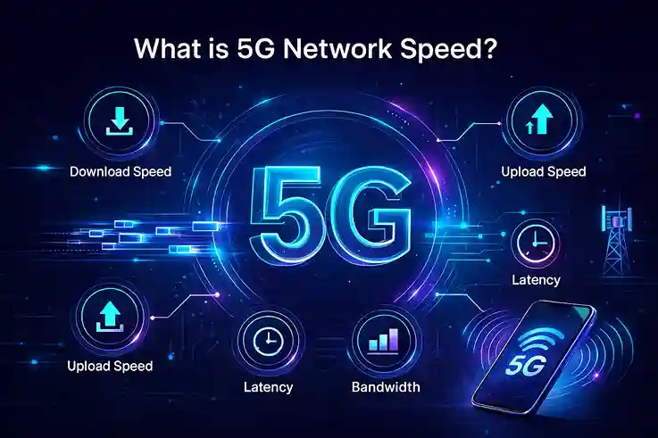 Infographic-style illustration explaining 5G network speed with icons for latency, bandwidth, and signal strength.