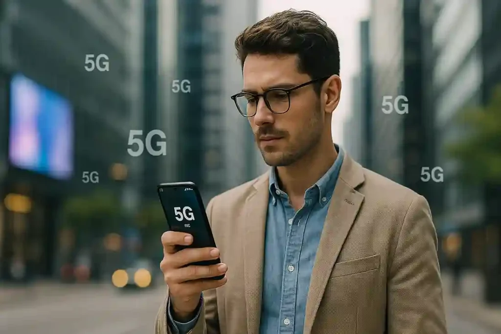 Person using smartphone in city with strong 5G UC signal showing faster mobile connectivity
