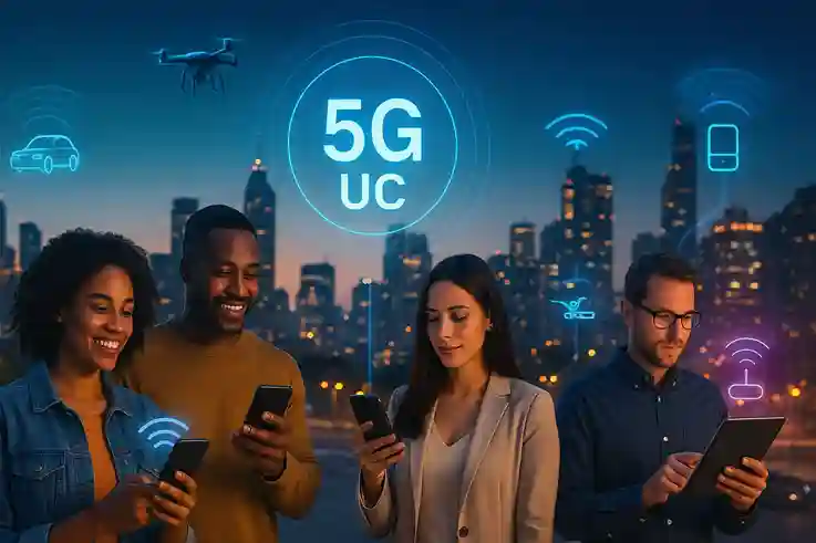 People using 5G UC devices in a connected smart city showcasing ultra-fast wireless innovation