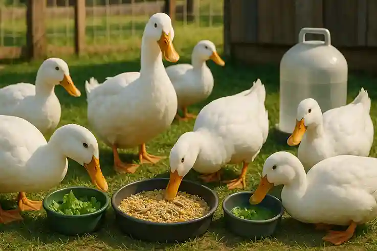 Pekin ducks eating a balanced diet of grains, greens, and protein in a clean farm feeding area.
