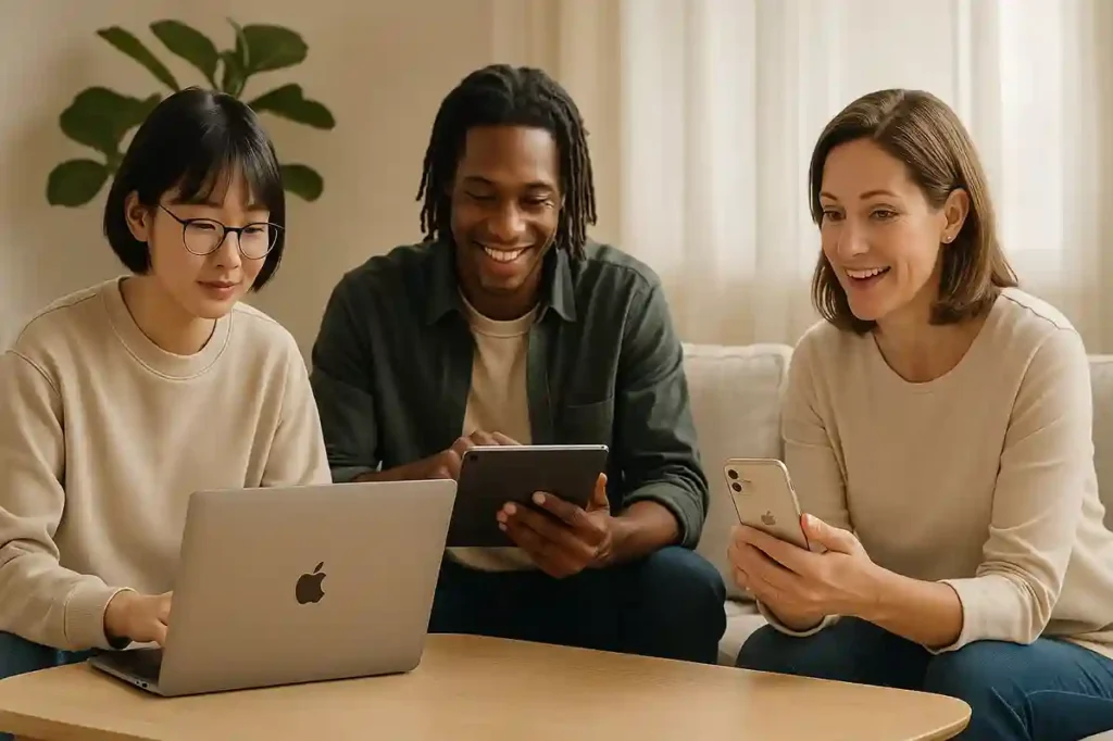 Students, freelancers, and families using Apple Refurbished devices, showing affordability and reliability for all lifestyles.