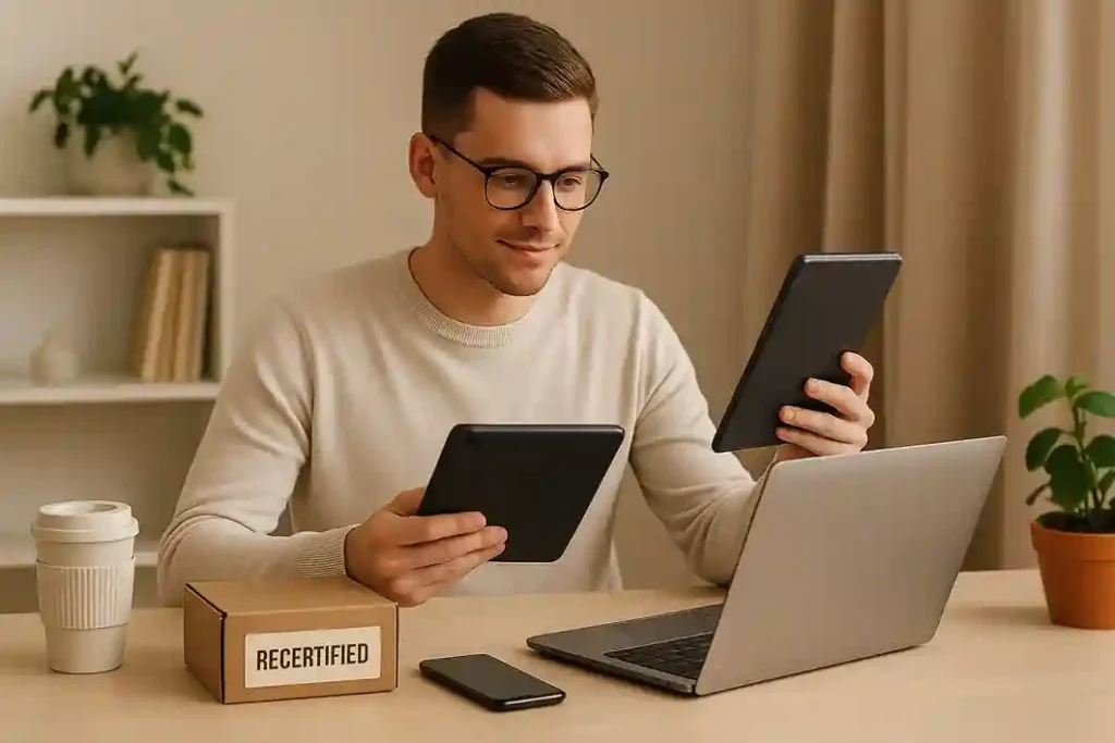 Smart buyer comparing recertified and new tech devices, making a confident, value-driven choice.