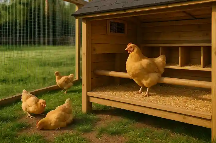 Ideal coop and run setup for Buff Orpingtons with clean bedding, ventilation, secure fencing, and space to roam.