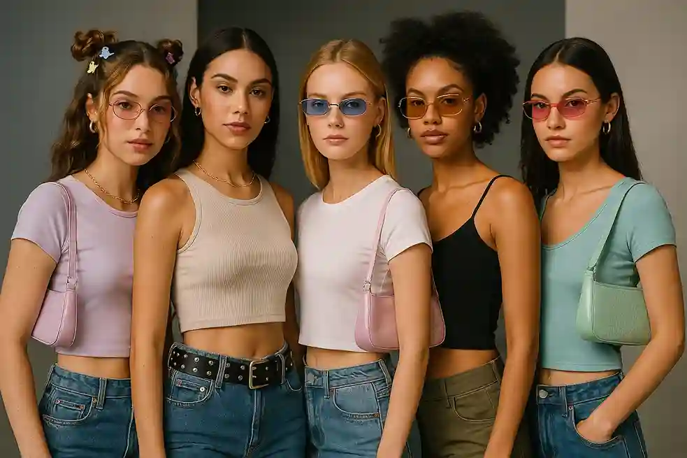 Models wearing 2000s outfit ideas with butterfly clips, chokers, belts, colorful sunglasses, and tiny purses