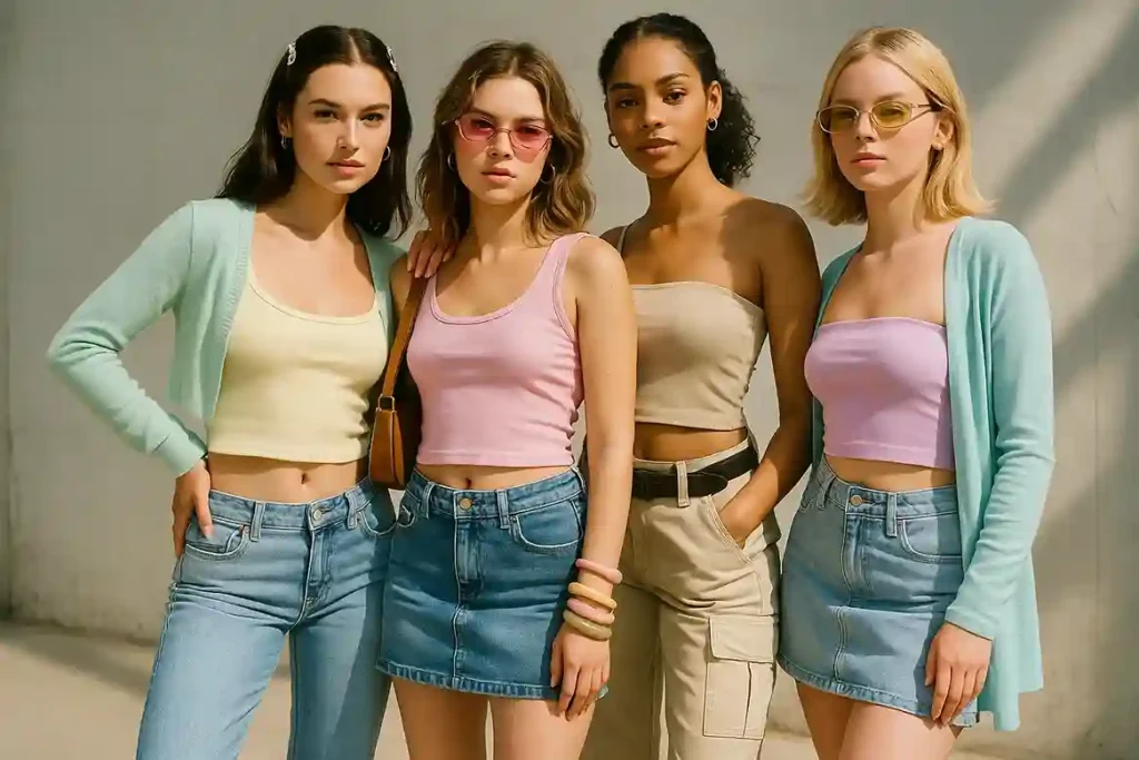 Models wearing 2000s outfit ideas including low-rise jeans, layered tanks, cargo pants, and cropped tops