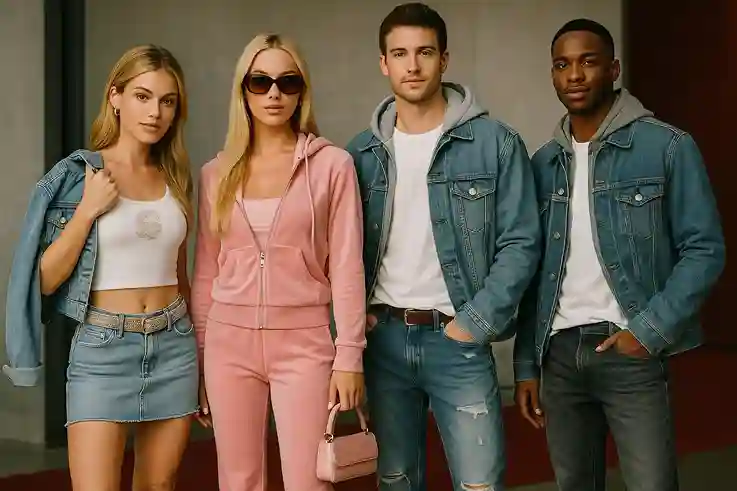 Models wearing 2000s outfit ideas inspired by Britney Spears, Paris Hilton, and Justin Timberlake