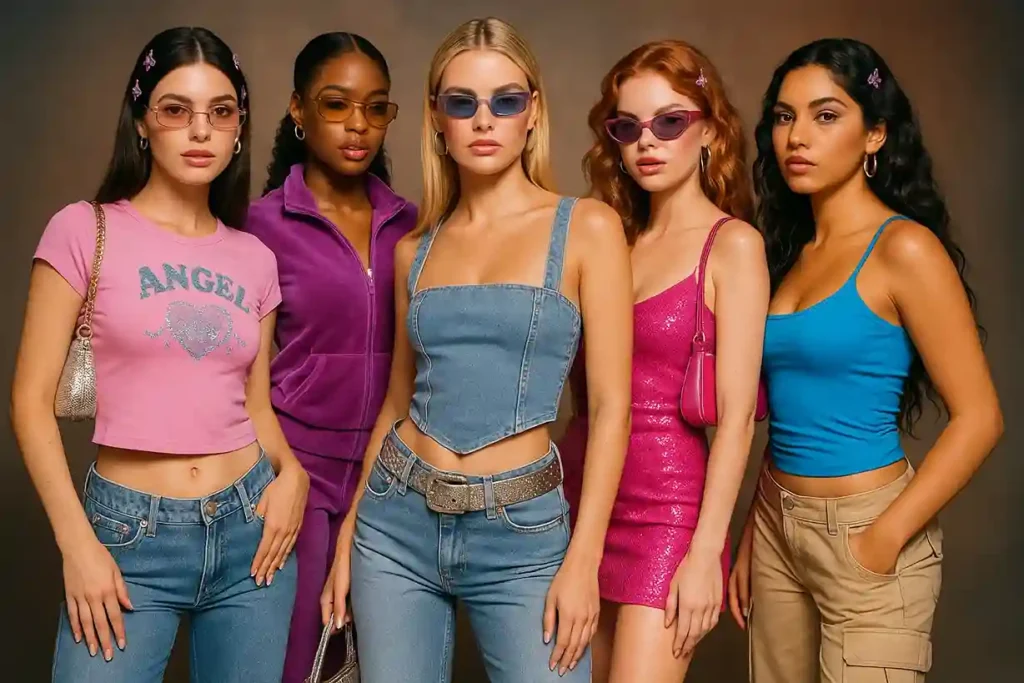 Models wearing different 2000s outfit ideas including low-rise jeans, baby tees, velour tracksuits, and metallic accessories