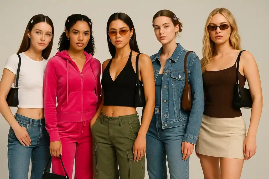 Models wearing different 2000s outfit ideas including low-rise jeans, velour tracksuits, cargo pants, and mini skirts