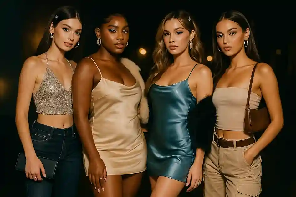 Models wearing 2000s outfit ideas with rhinestone halter tops, flared jeans, and satin mini dresses