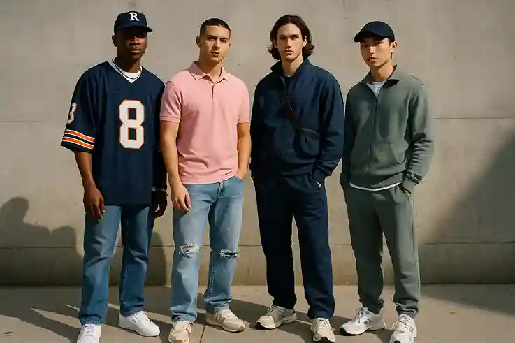 Male models wearing 2000s outfit ideas including oversized jerseys, layered polos, and tracksuits