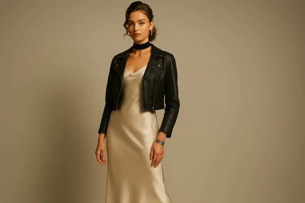 Model wearing a 90s-inspired satin slip dress styled with a choker, soft curls, metallic accessories, and modern shimmer makeup for a fresh glam look.