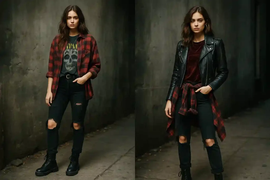 Model in a modern 90s grunge outfit wearing a loose plaid flannel, vintage band tee, distressed denim, and combat boots in a moody urban alley setting.