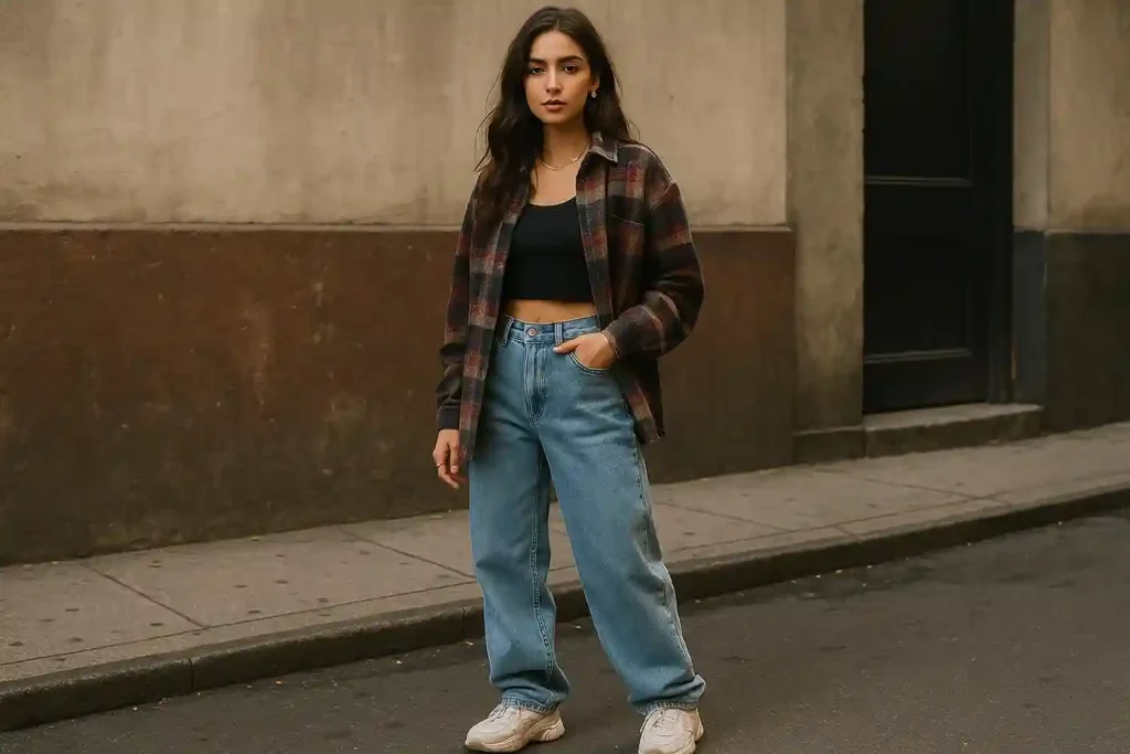 Model wearing 90s-inspired outfit with baggy jeans, plaid flannel, and a crop top, blending grunge and streetwear in a modern urban setting.