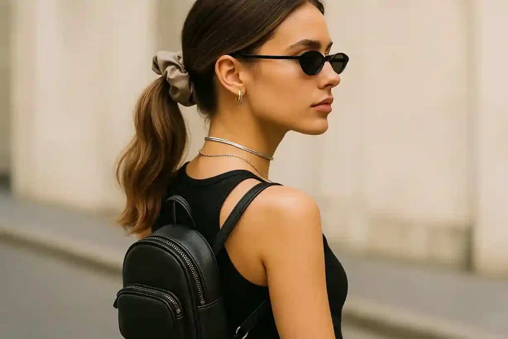 Model showcasing 90s outfit ideas with a silk scrunchie, thin metallic choker, mini backpack, and tiny sunglasses in a modern chic style.