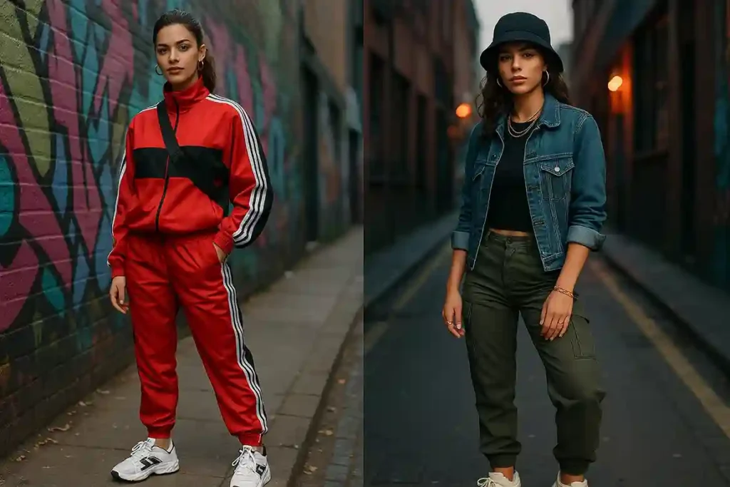 Model wearing a 90s-inspired streetwear look with a bold tracksuit, bucket hat, slim cargo pants, and chunky sneakers styled with modern accessories.