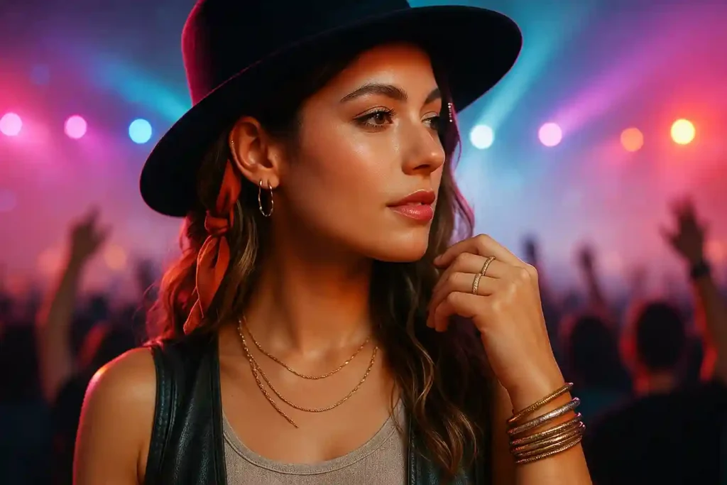 Accessories highlighting concert outfit ideas with layered jewelry, mixed metals, stylish hats, and textured hair pieces under glowing stage lights.