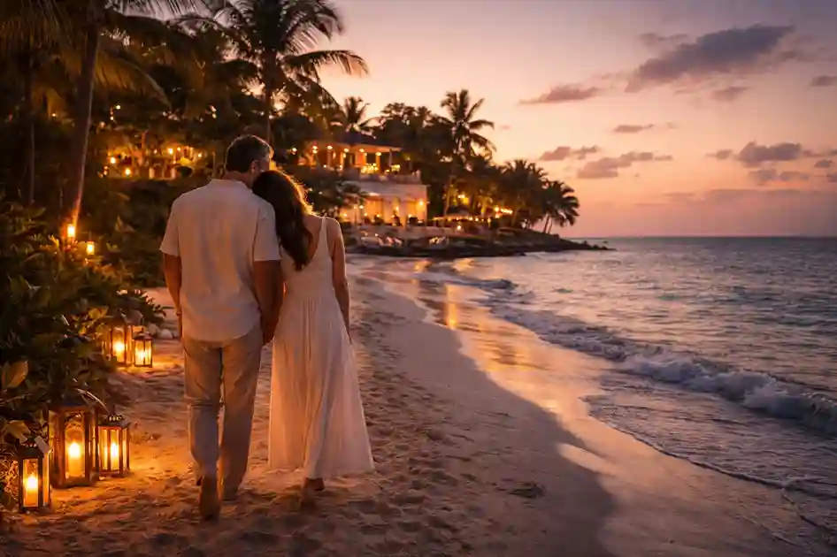 Couple walking together along a sunset beach at an affordable honeymoon destination that still feels rich and romantic.