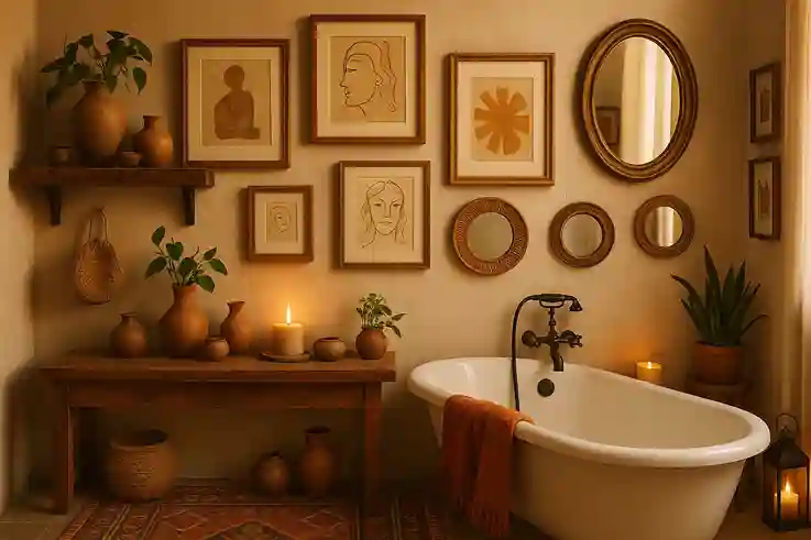 Boho bathroom with wall art, vintage mirrors, handmade pottery, warm lighting, and natural textures creating a calm, personal, artistic atmosphere.