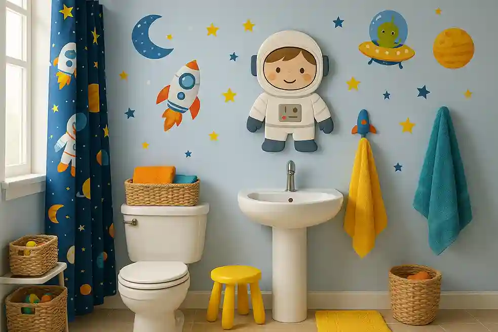 astronaut-themed kids’ bathroom with space decals, rocket towels, star accents, and moon-gray rugs.