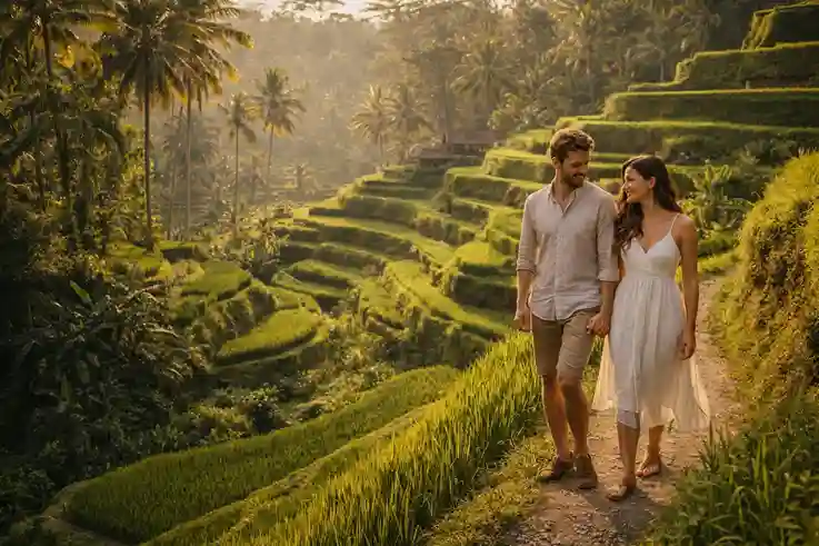 Couple exploring lush green Bali rice terraces in peaceful afternoon light, enjoying one of the best honeymoon destinations.