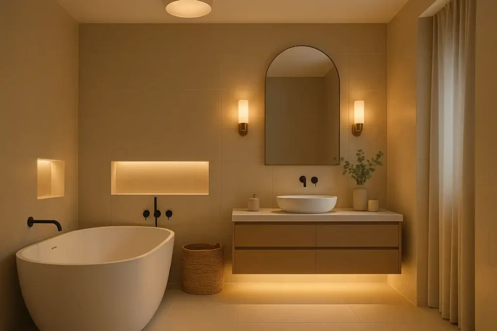 Bathroom decor ideas showing layered lighting with warm sconces, soft ambient glow, and spa-like illumination.