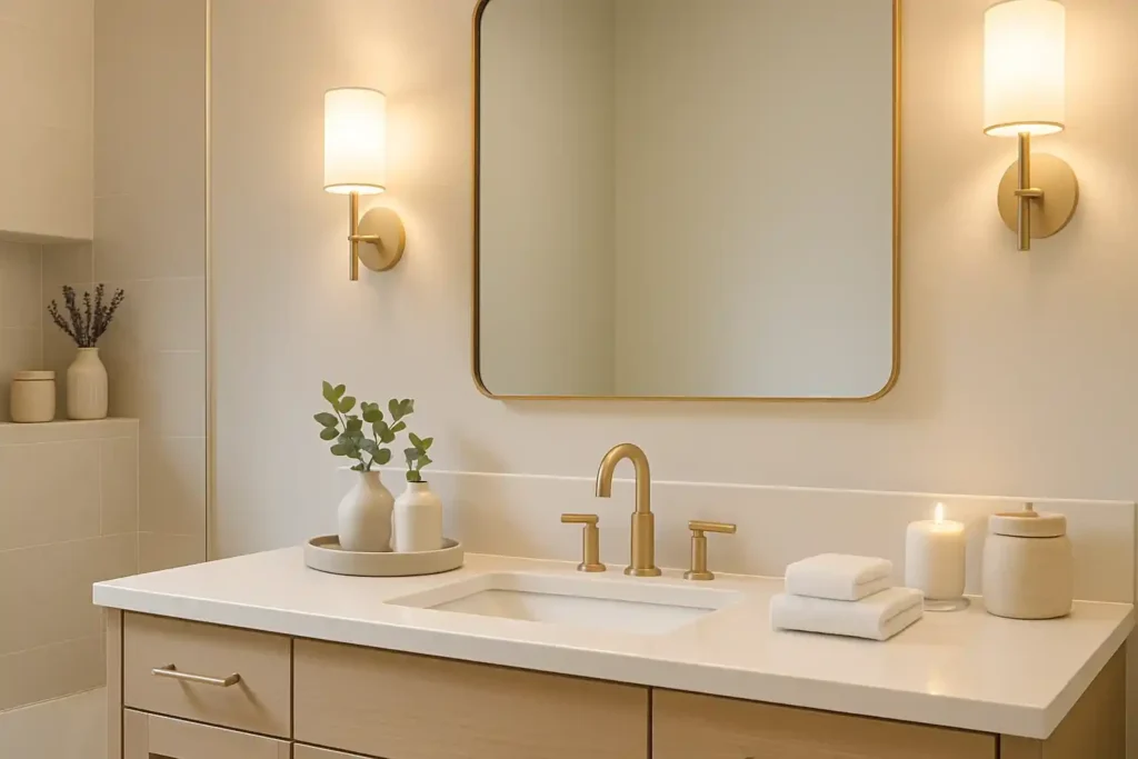 Bathroom decor ideas using simple accessories like trays, candles, and towels to create a cohesive, calm, polished space.