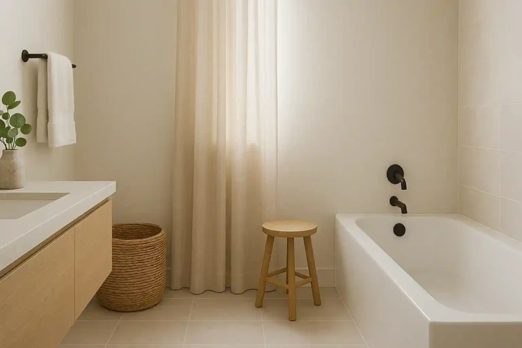 Modern bathroom decor ideas featuring woven baskets, wooden stool, and linen curtains with warm, organic finishes.