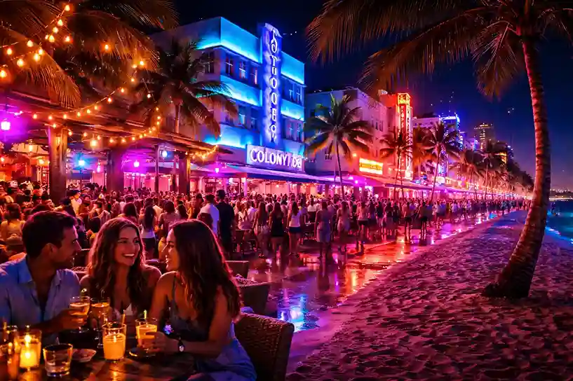 Miami Florida nightlife with neon lights, palm trees, beach bars, and lively evening crowds