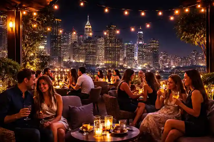 Stylish rooftop bars at night with city skyline views, warm lights, and people relaxing