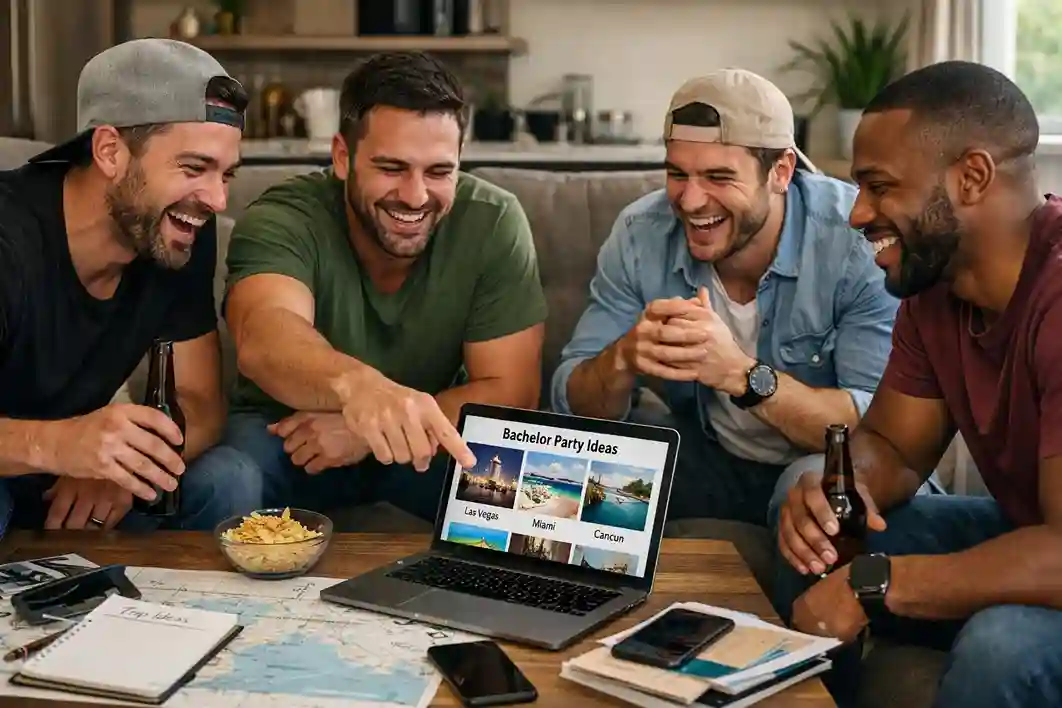 Group of friends planning a guys’ trip at home while choosing the best bachelor party destinations