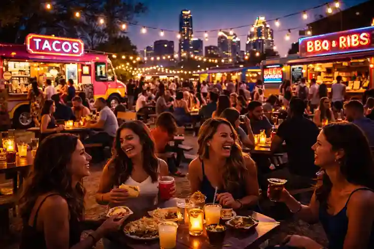 Austin food trucks and lively bars with friends enjoying outdoor dining in best bachelorette party destinations