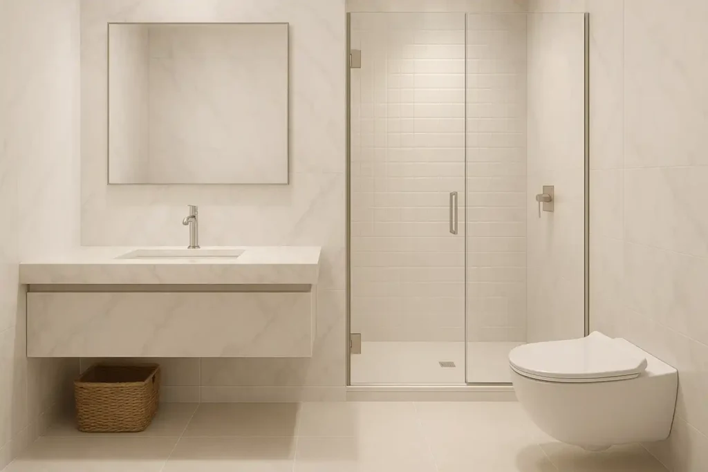 Small bathroom with marble, porcelain tiles, glass shower panels, reflective surfaces, and light luxury finishes