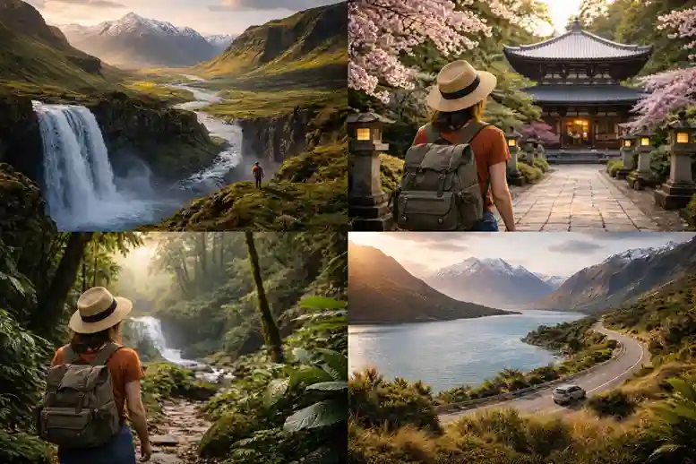 First-time solo travelers exploring iconic destinations like Iceland, Japan, Costa Rica, and New Zealand, enjoying adventure and cultural discovery.