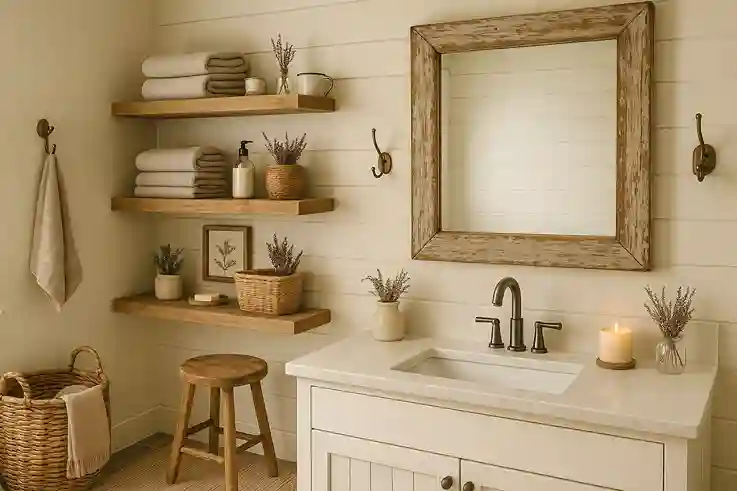 Farmhouse bathroom blending vintage mirror, modern fixtures, wooden stool, linen textures, and soft rustic accessories.