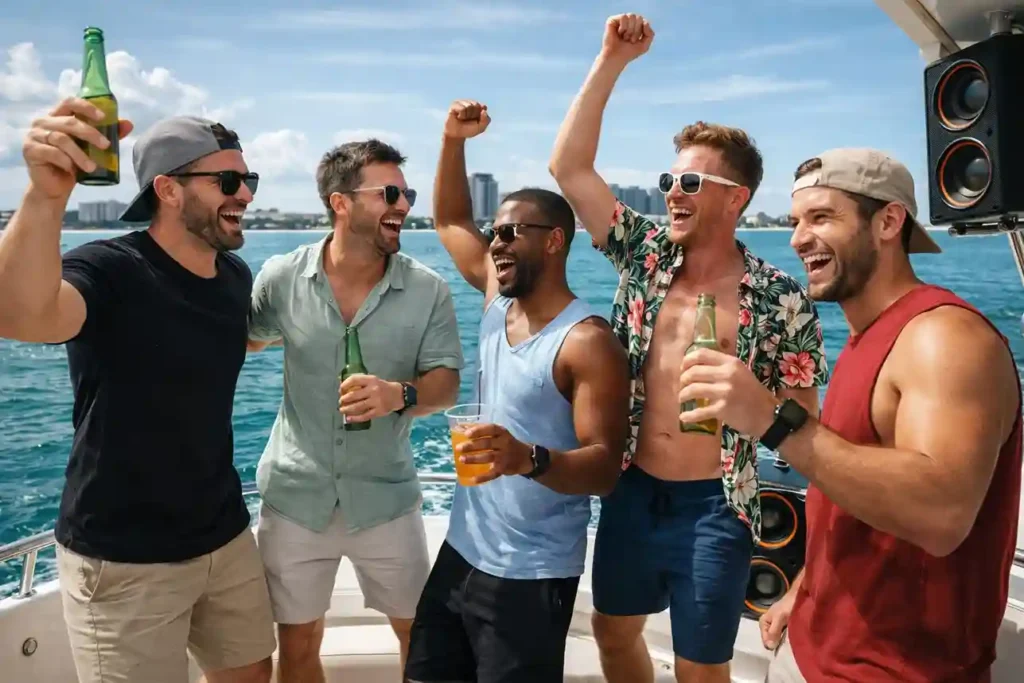 Group of friends enjoying a boat party at one of the best bachelor party destinations